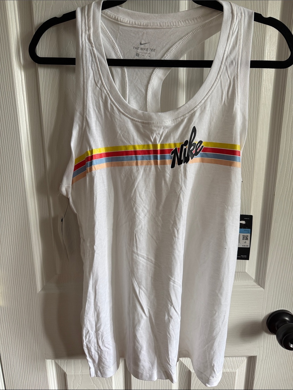 Nike White Tank with Yellow, Red, Blue and Pink Retro Stripes